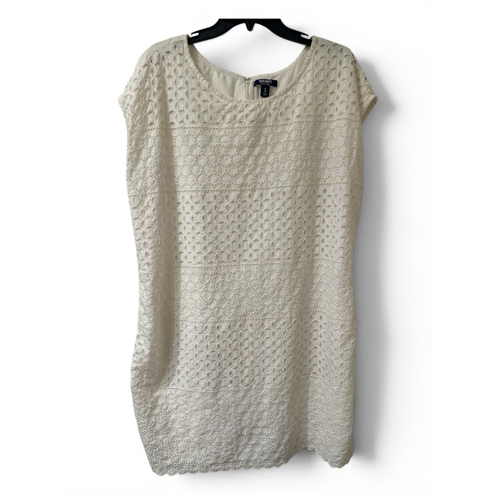 White Eyelet Shift Dress XL Cotton Lined Cottagecore Coastal Summer